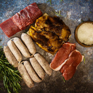 Gourmet Small BBQ Pack- 2 x Lamb Leg Steaks, a Flank Steak, 2 Black Garlic Chicken Breast and 1lb of Lincolnshire Sausages