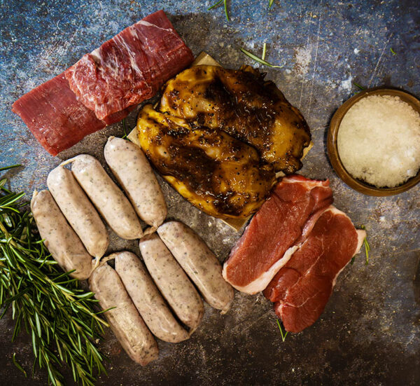 Gourmet Small BBQ Pack- 2 x Lamb Leg Steaks, a Flank Steak, 2 Black Garlic Chicken Breast and 1lb of Lincolnshire Sausages