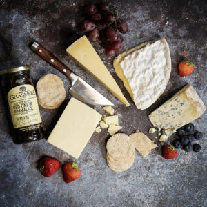 English Cheeseboard Selection - Baron Bigod, Lincolnshire Poacher, Colston Bassett Stilton and Barber's 1833. Plus Peter's Yard Crackers and Grasmere Farm Red Onion Marmalade